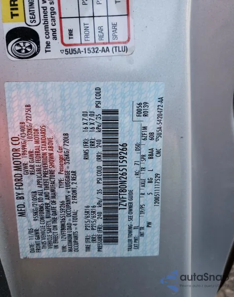 2006 Ford Mustang z USA, uszkodzony, nr VIN 1ZVFT80N265159266